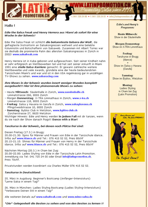 Newsletter Latin Promotion (Ausschnitt)